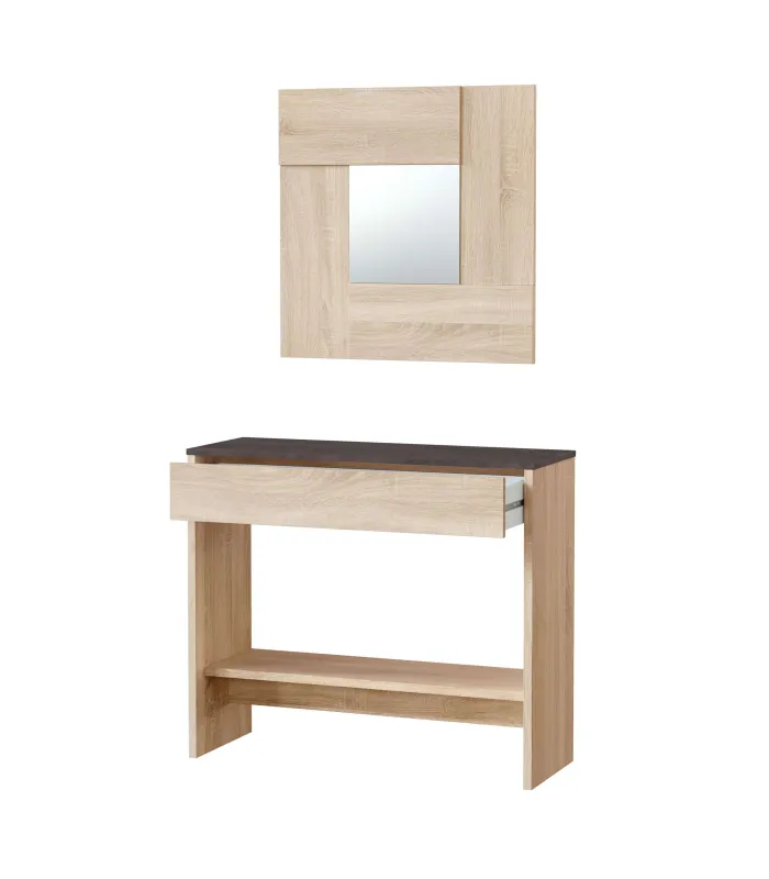 Mueble consola Luz con cajón y espejo en roble Canadian y óxido