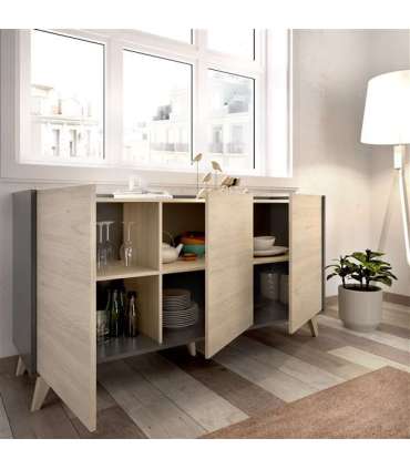 Conjunto salón Cazalilla-4 grafito/natural: mueble alto, aparador y mesa comedor