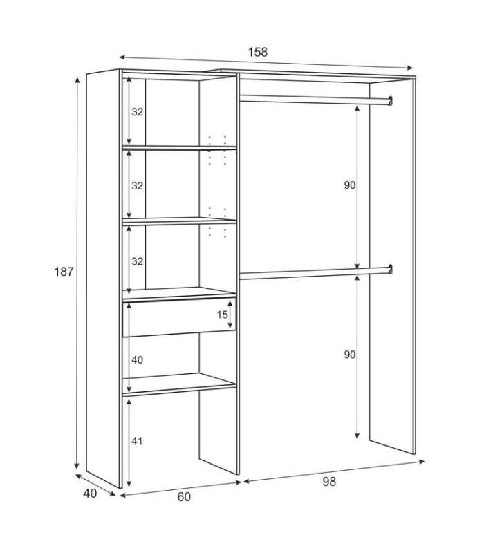 Elfos walk-in closet with shelves and a drawer and 2 hanging