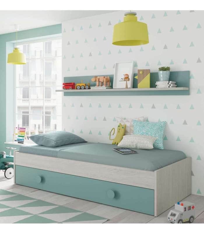 Boy trundle bed with wall shelf White Alps combined Aqua Green