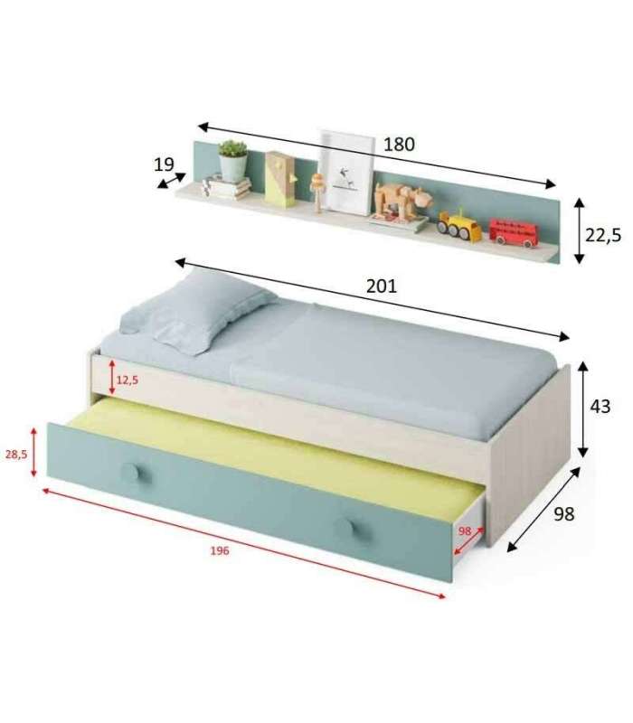 Cama de trundle com prateleira de parede em branco alpino e