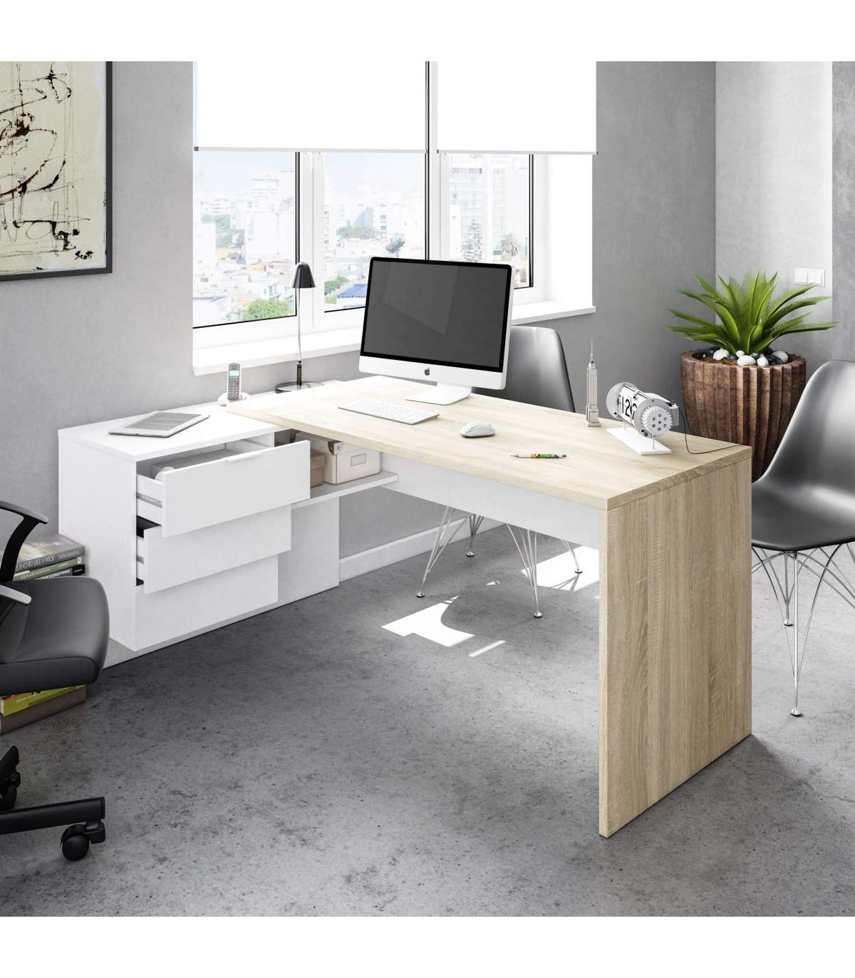 Mesa de Oficina/Despacho con cajones 145 x 108 cm. en Roble