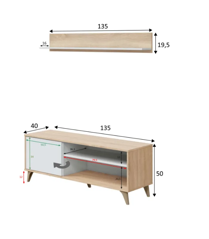 Conjunto TV Gala roble/blanco 50x135x40 cm