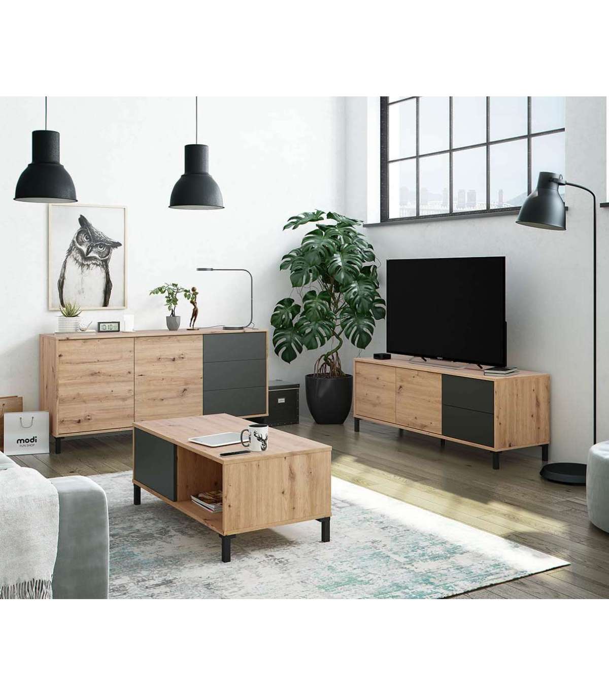 Mueble de TV Luna dos Puertas y dos cajones Acabado en roble y gris  antracita 130 cm (Ancho) x 47 cm (Alto) x 41 cm (Fondo)