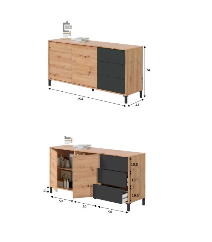 Aparador Noelia 2 puertas y 3 cajones estilo moderno