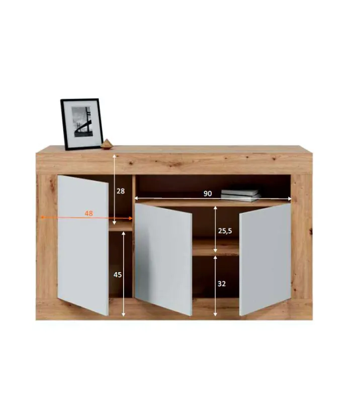 Aparador Teho en roble y blanco artik, 3 puertas