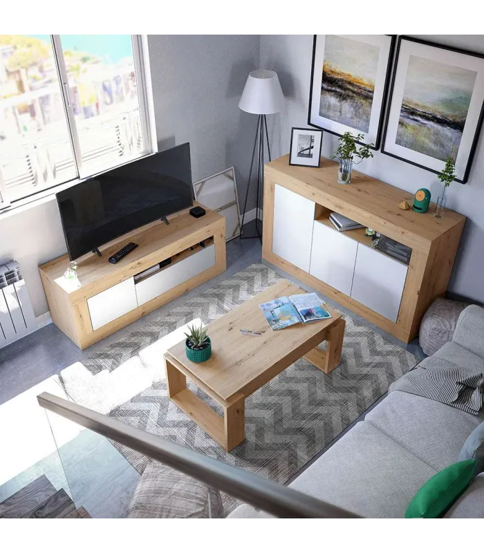 Aparador Teho en roble y blanco artik, 3 puertas