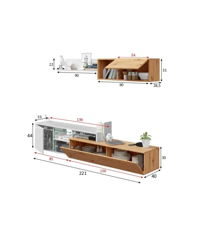 Conjunto salón Teho roble y blanco, moderno y funcional