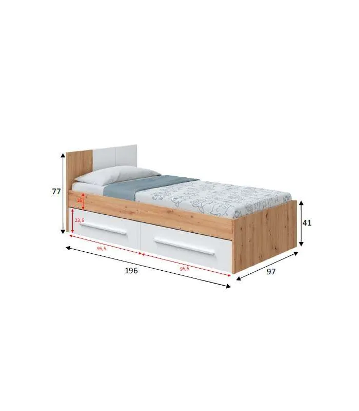 Cama juvenil Nuria con dos cajones y diseño moderno