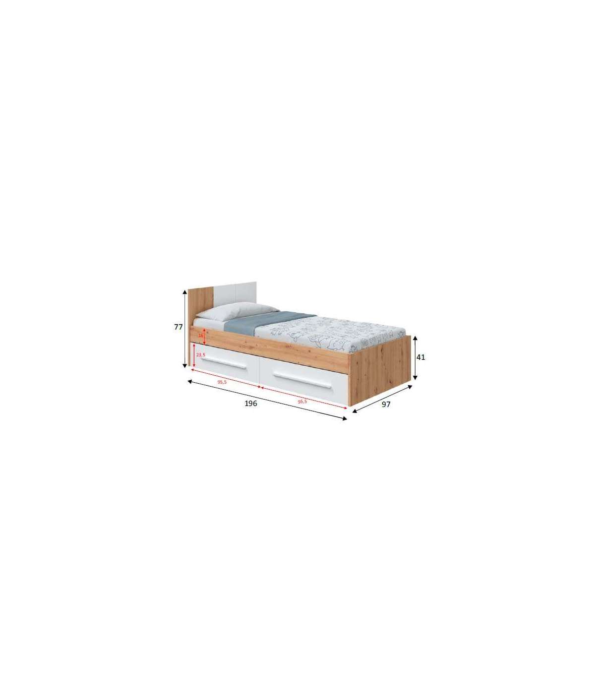 Cama con dos cajones 90 cm para dormitorio juvenil 77 cm(alto) 92 cm(ancho)  196 cm(largo)