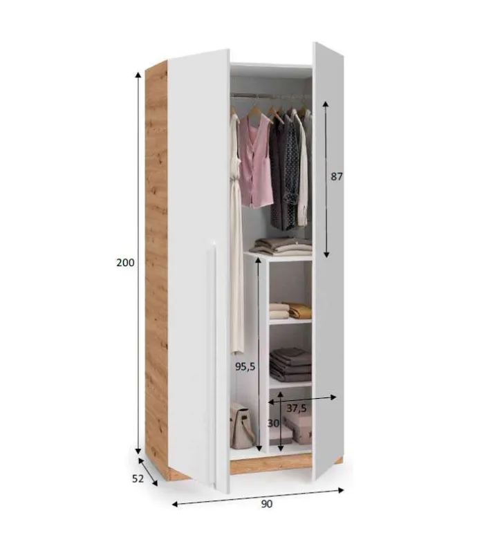 Armario Nuria 2 puertas, blanco artik y roble, 90x200x52