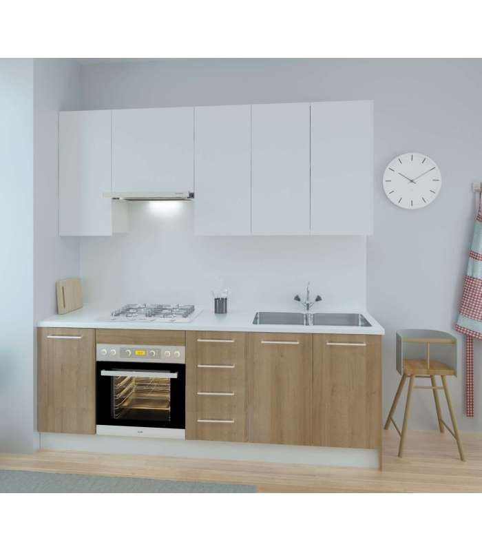 Cocina Kit-Chef 220 cm de ancho en blanco y roble.