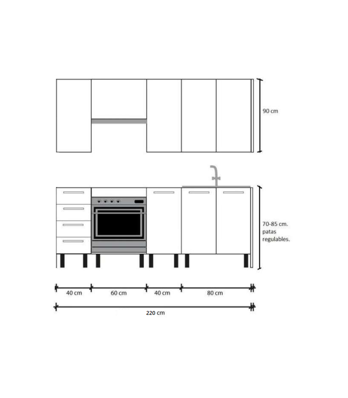 Cocina Kit-Chef 220 cm de ancho en blanco y roble.