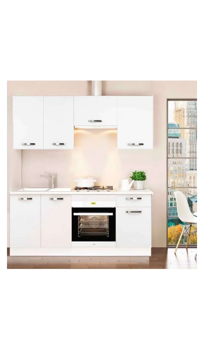 Cocina blanca completa con encimera y zócalo, 180 cm
