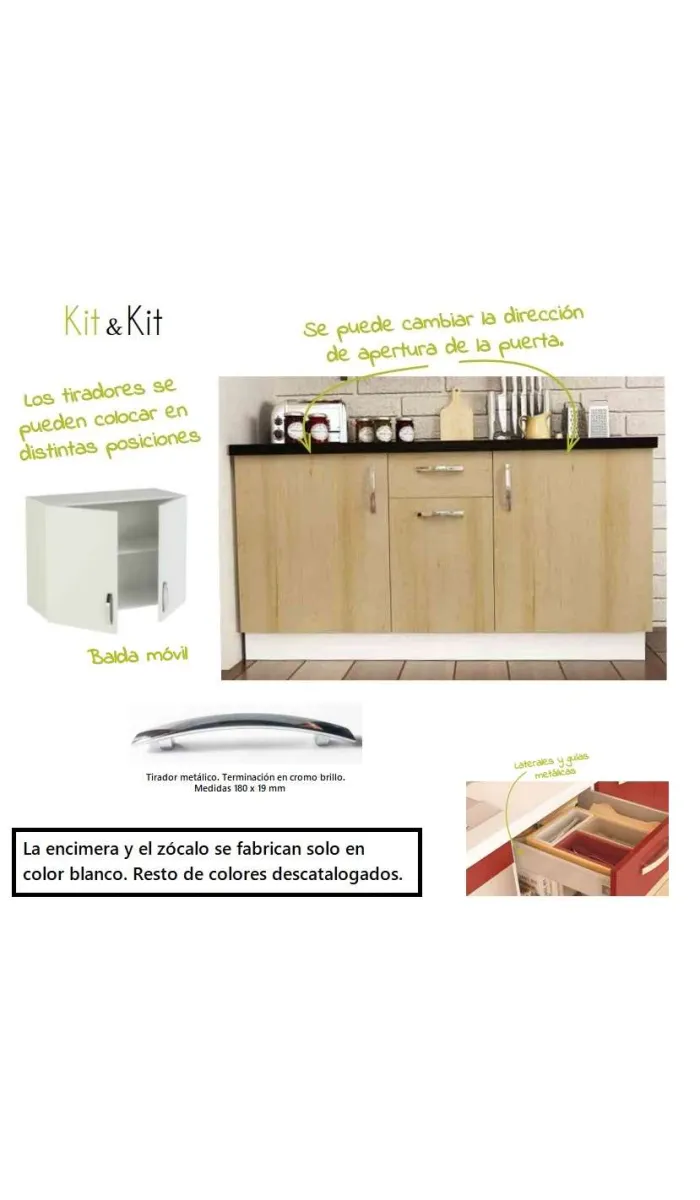 Cocina blanca completa con encimera y zócalo, 180 cm