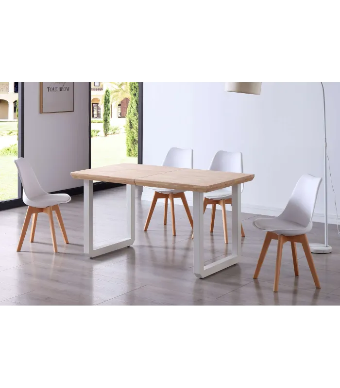 Mesa extensible Roma en roble nordish, patas blancas.