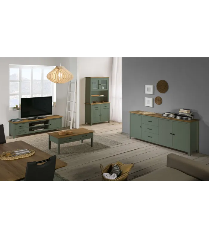 Vitrina Mariana verde 4 puertas y 2 cajones