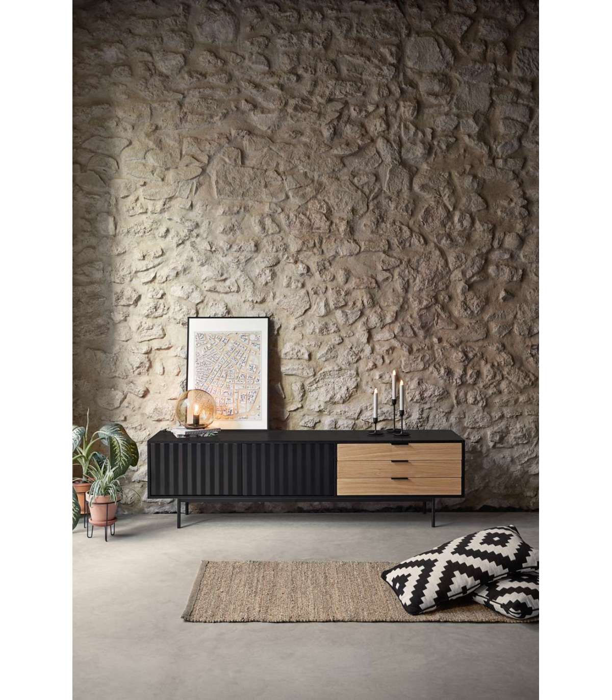 Mueble bajo con cajones Fame-Line 40 cm roble/negro roble alto