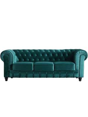 Sofá Chesterfield 3 plazas velvet verde, 211x75x84 cm