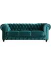 Sofá 3 quadrados Chesterfield estofado em tecido de veludo verde, 211cm (largura) 75 cm (altura) 84 cm (volta).