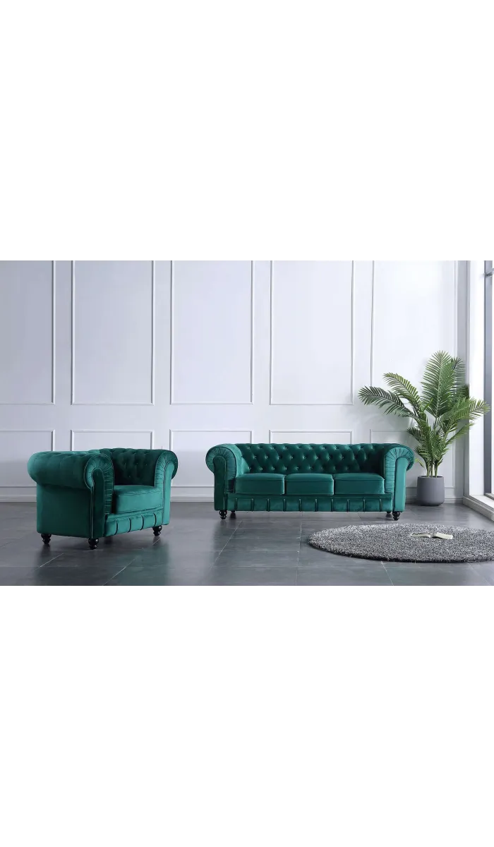 Sofá Chesterfield verde em veludo, 211x84x75 cm