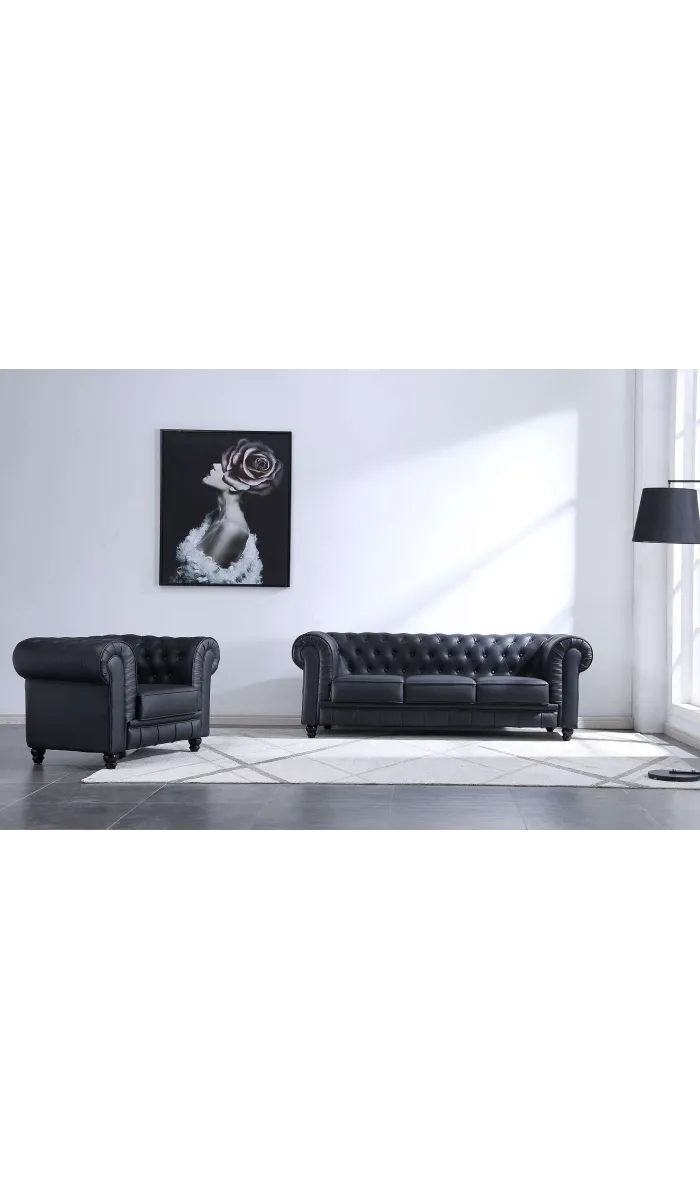 Sofá Chesterfield 3 plazas en símil piel negro