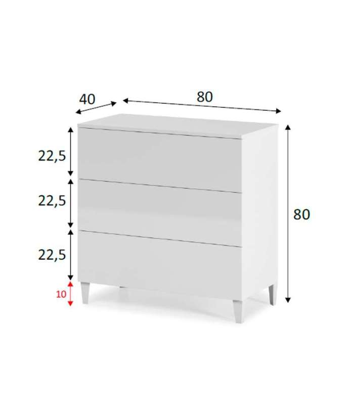 Commode 3 tiroirs Pekin en finition blanche 76 cm(hauteur)80