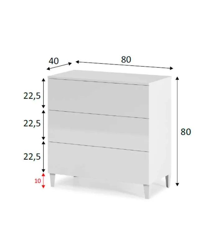 Commode 3 tiroirs Pekin en finition blanche 76 cm(hauteur)80