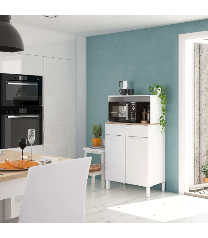 Mueble auxiliar blanco para microondas con cajón y puertas