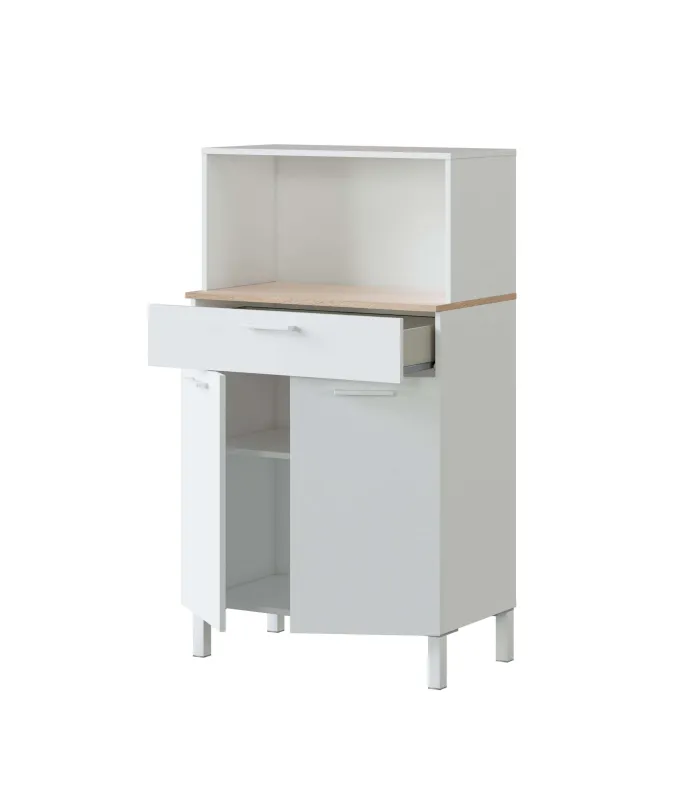 Mueble auxiliar blanco para microondas con cajón y puertas