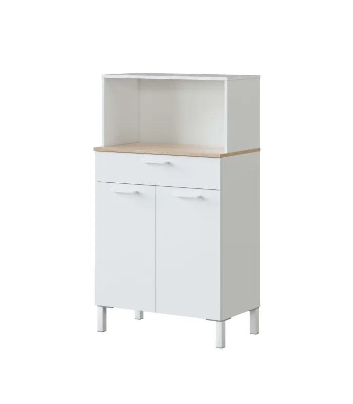Mueble auxiliar blanco para microondas con cajón y puertas