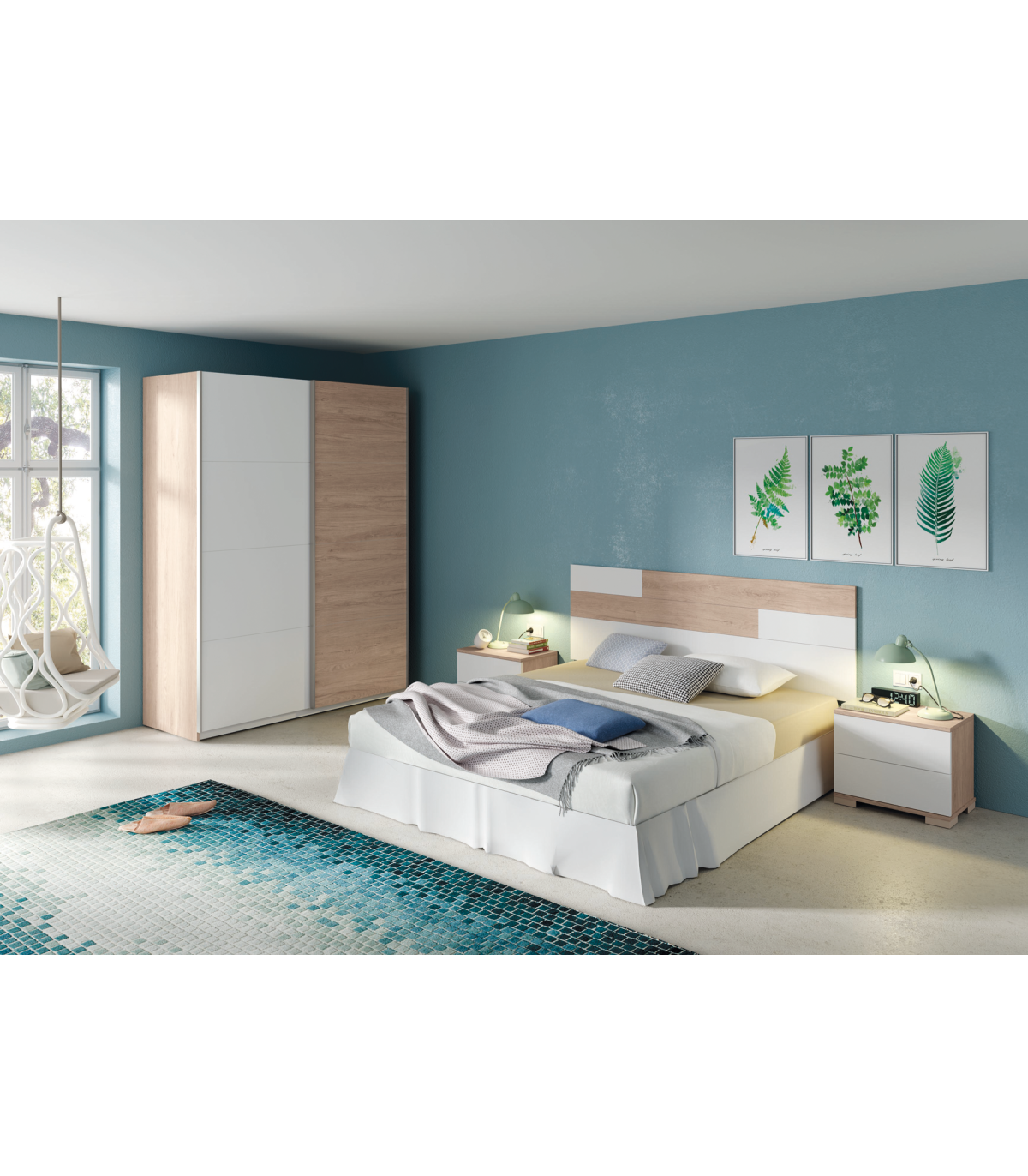 Armario ropero para dormitorio juvenil azul, blanco y pino