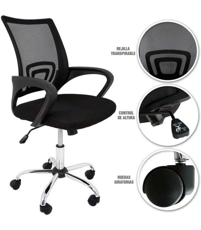 Silla de oficina Martina, tapizada negra, 88/98cm