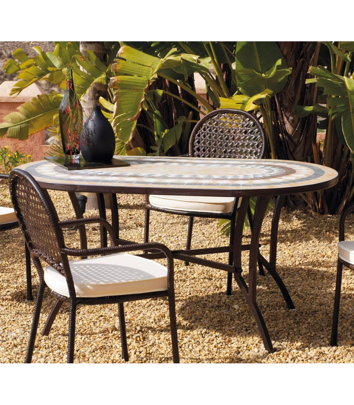 Conjunto mesa y sillas para jardin en acero y rattan Argelia PG0819 —  Bricowork
