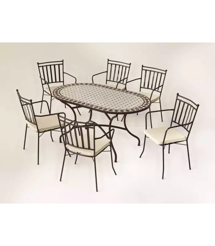 Conjunto mesa+4 sillones jardín bronce y mosaico