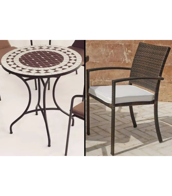 Conjunto jardín: Mesa mosaico + 4 sillones bronce