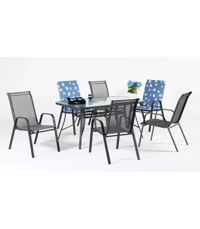 Conjunto de mesa y 4 sillones de acero gris