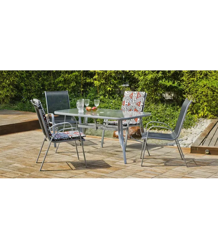 Conjunto mesa y 4 sillones acero plata para jardín