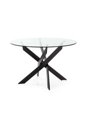 Mesa de jantar redonda, vidro e aço preto, 120 cm