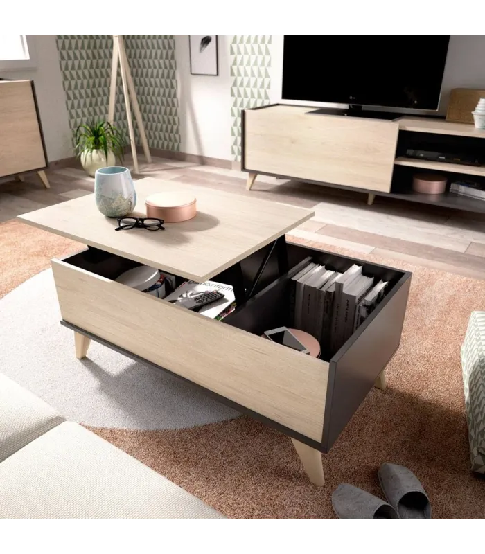 Mesa de centro elevable Cazalilla en acabado natural/grafito