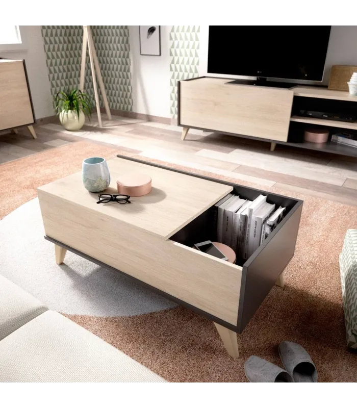 Mesa de centro elevable Cazalilla en acabado natural/grafito