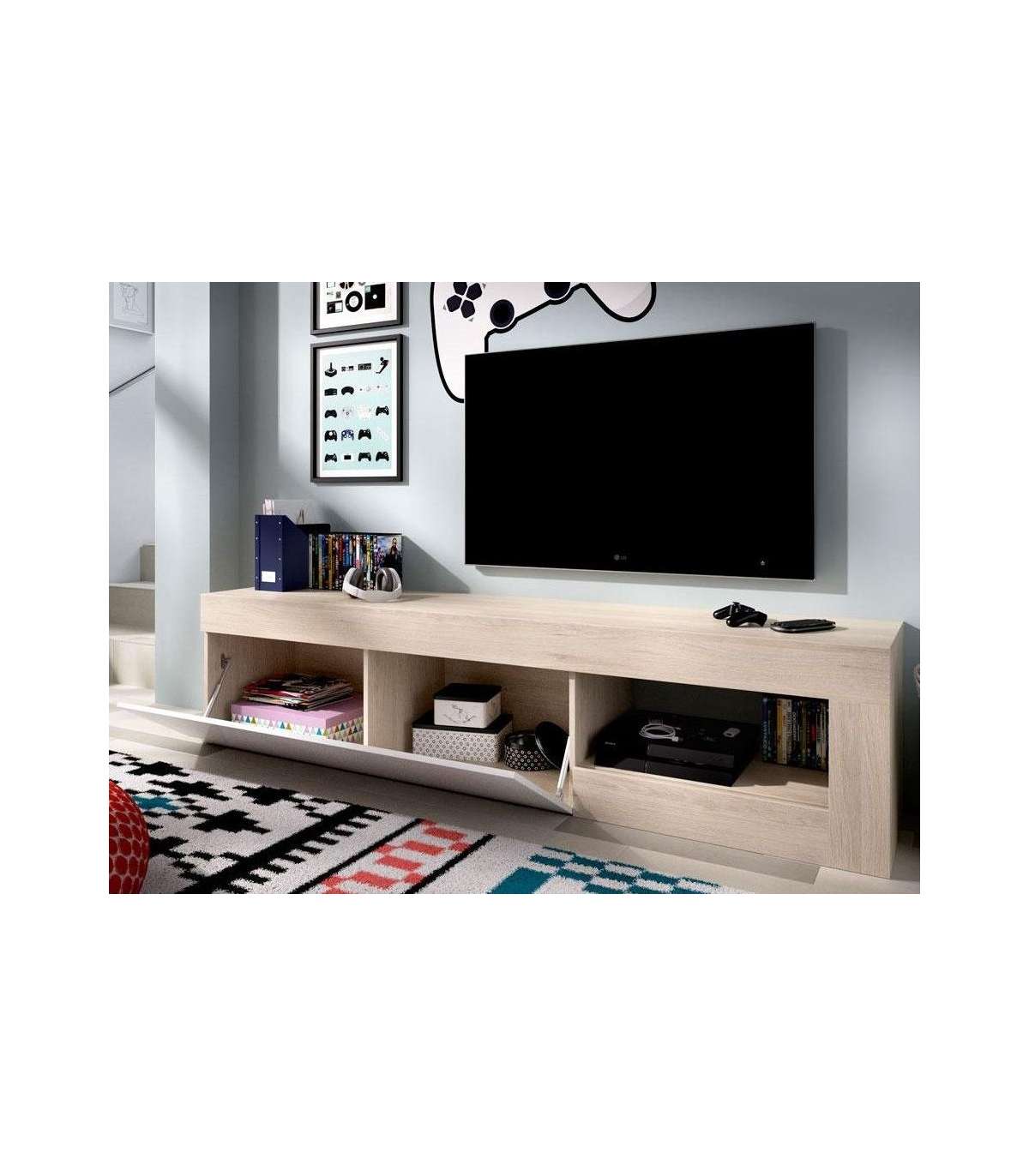 Mueble salón de tv flexible acabado blanco brillo y roble natural, barato y  versátil.