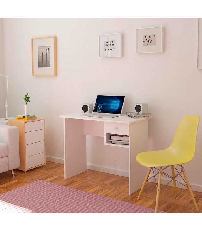 Oak or white desk with a drawer.