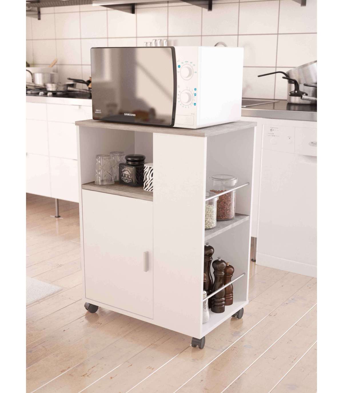 Mueble auxiliar para cocina, microondas blanco y cemento, Basic