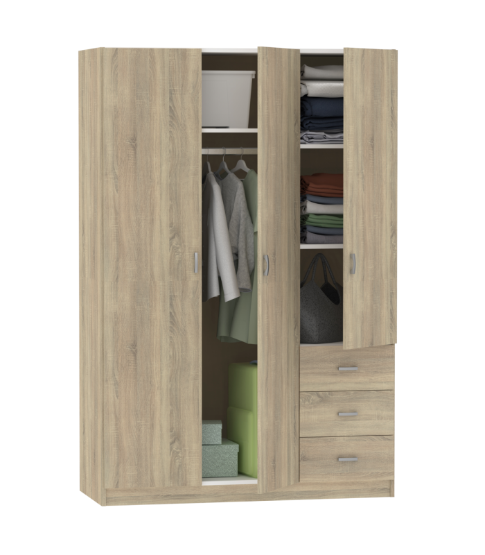 Armoire avec 3 portes battantes et 3 tiroirs en finition chêne