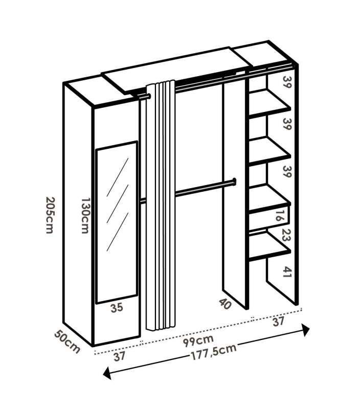 Commode de chambre à coucher Siles avec rideau et étagères en