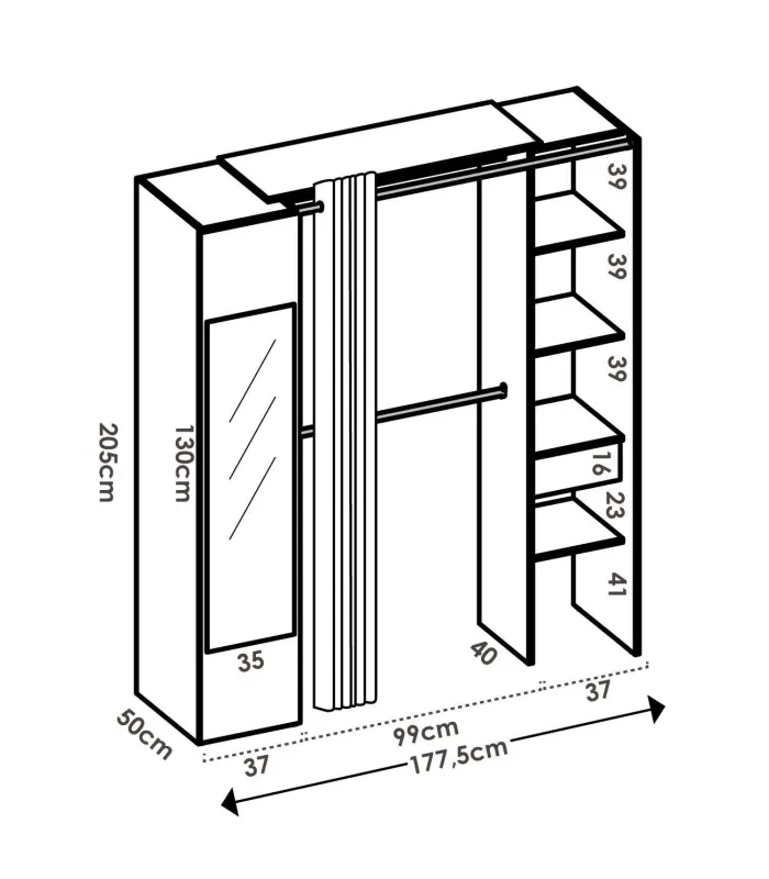 Commode de chambre à coucher Siles avec rideau et étagères en