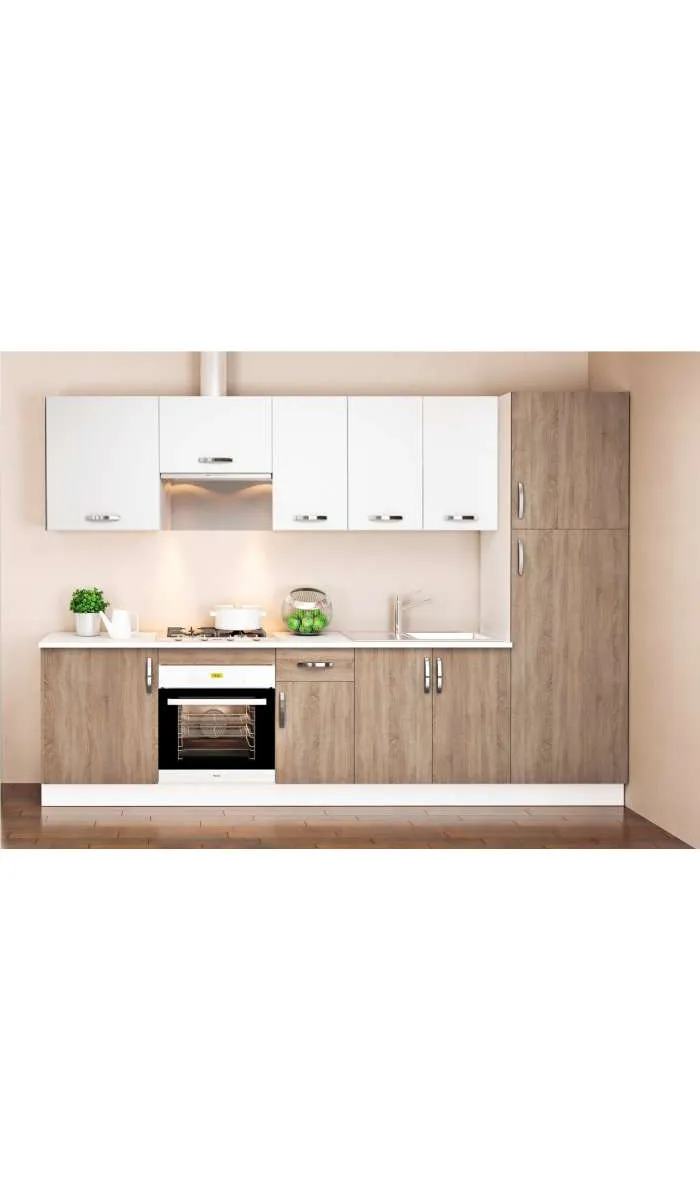 Cocina moderna en roble y blanco de 3 metros