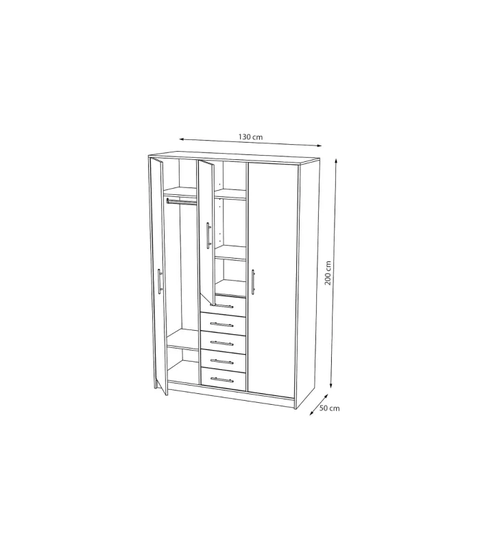 Armario blanco 3 puertas, 5 cajones, 200x130x50 cm
