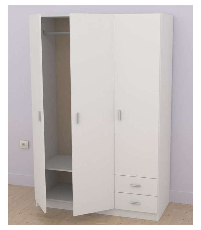 Armoire 3 portes battantes 2 tiroirs finition blanche 180